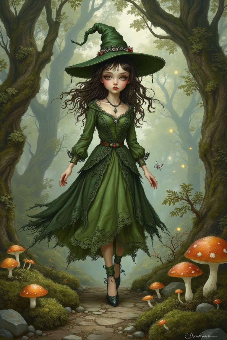 A whimsical pixie goth inspired by John Bauer’s illustrative style,  walking gracefully through a mystical forest. She wea...