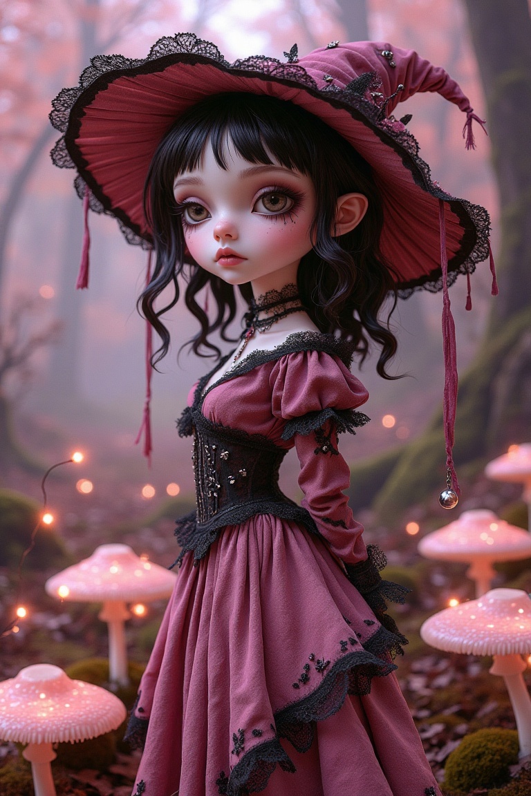 A whimsical pixie goth inspired by John Bauer’s art style,  standing in a dreamy,  soft pink-hued forest. She wears flowin...