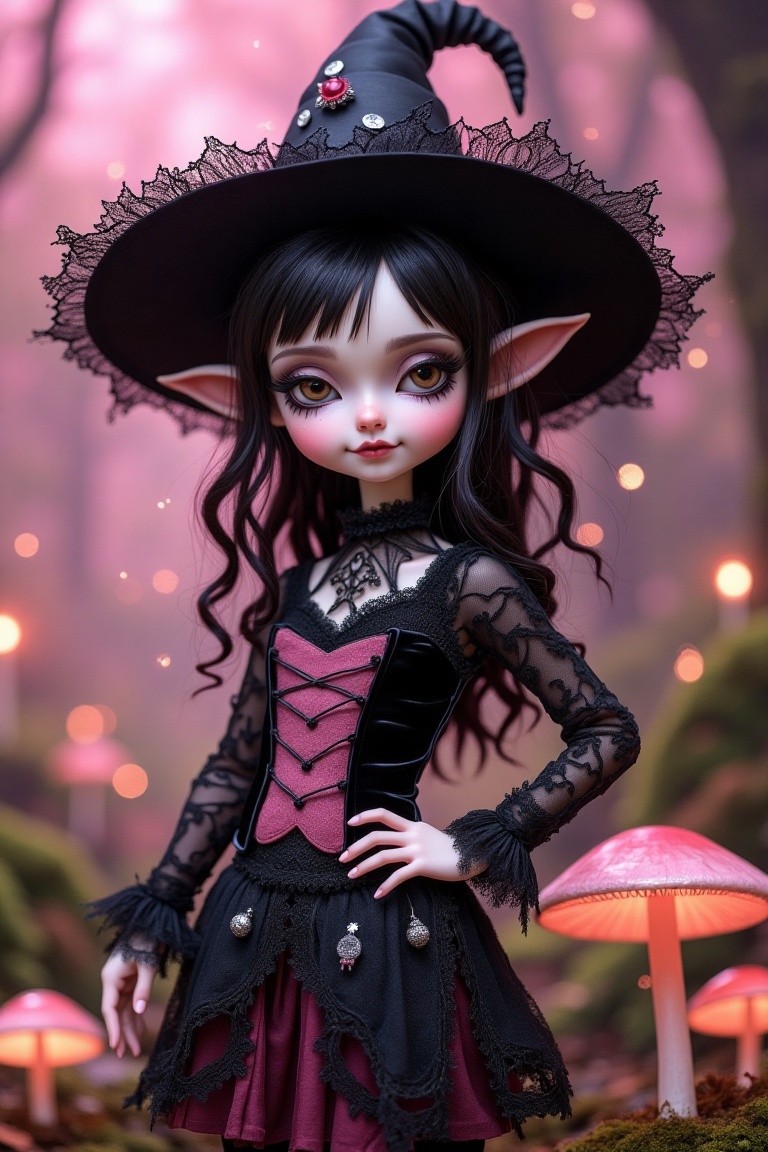 A whimsical pixie goth girl with a dark,  ethereal aura,  wearing a wide-brimmed black hat adorned with delicate lace and...