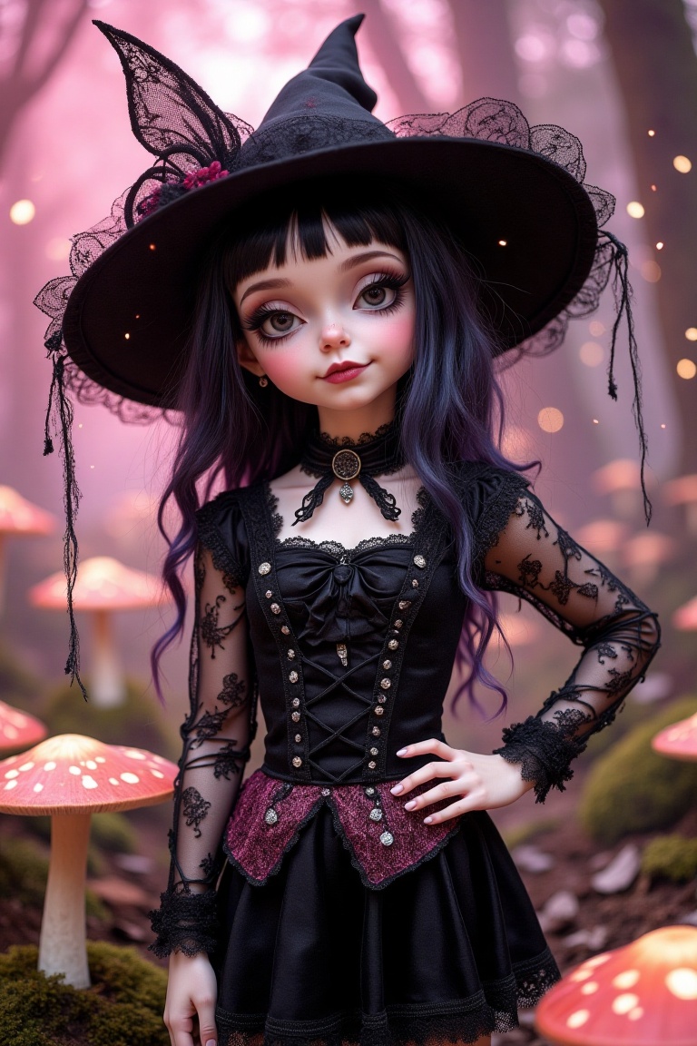 A whimsical pixie goth girl with a dark,  ethereal aura,  wearing a wide-brimmed black hat adorned with delicate lace and...
