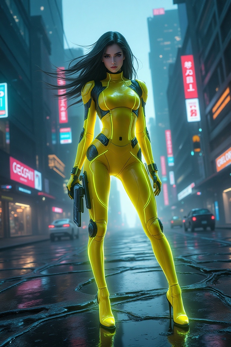 Rhea Arcane Vox,  a striking woman in a sleek yellow neon suit,  standing confidently in a futuristic cityscape. The scene...