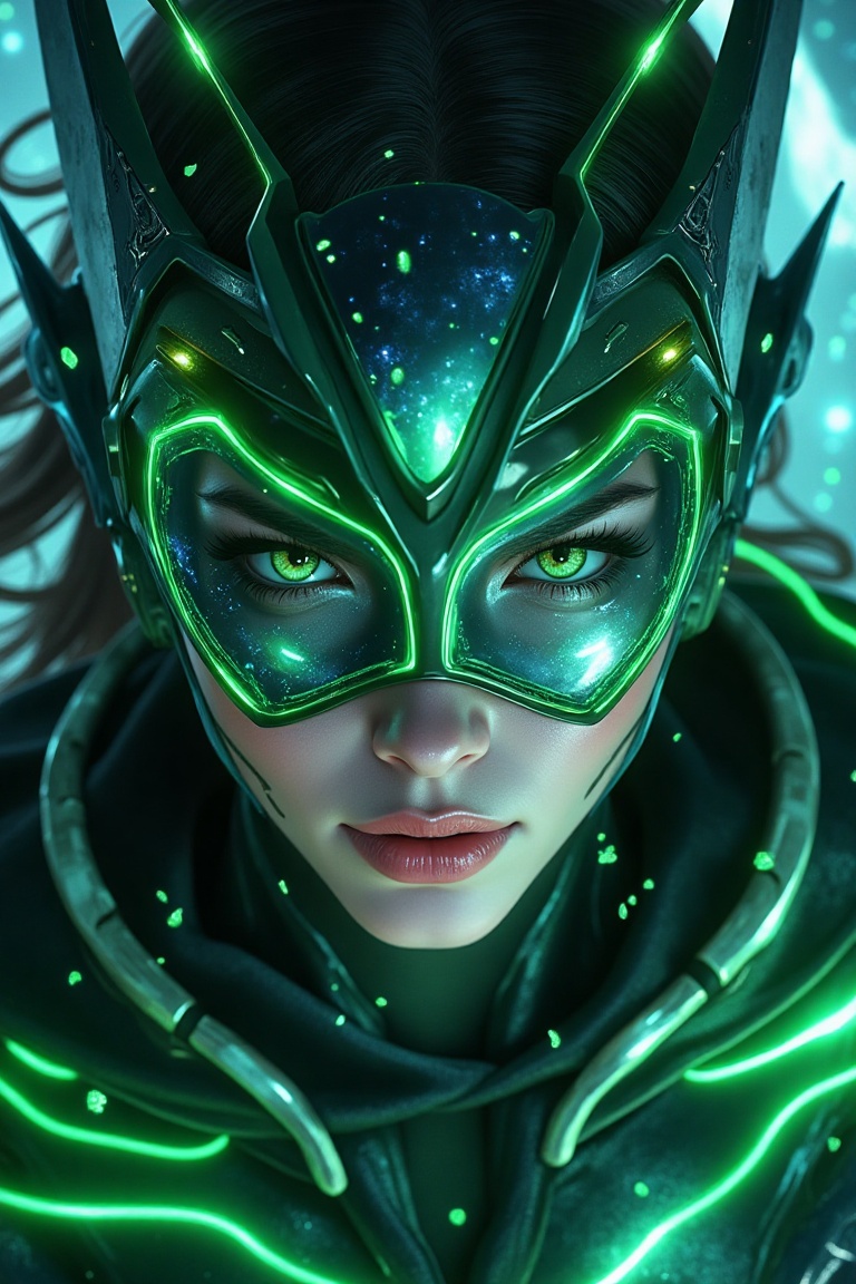 Rhea Arcane Vox,  a close-up of the queen of galactic battle,  radiating authority and strength. Her face is framed by a f...