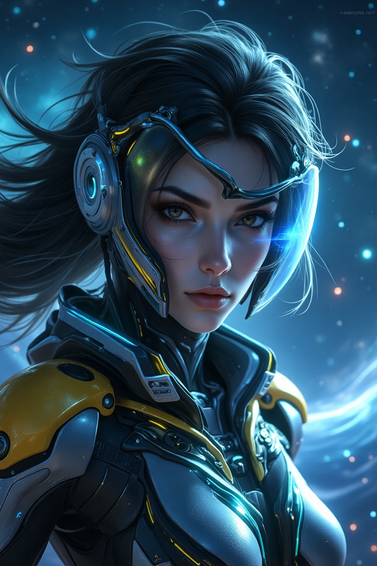 Rhea Arcane Vox,  a close-up portrait of a woman in a futuristic Warframe suit,  set against the vast expanse of galactic...