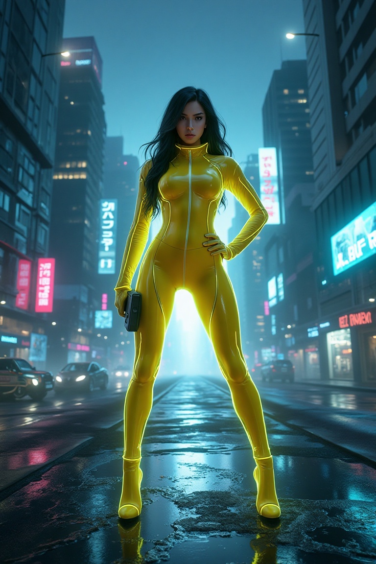 Rhea Arcane Vox,  a striking woman in a sleek yellow neon suit,  standing confidently in a futuristic cityscape. The scene...