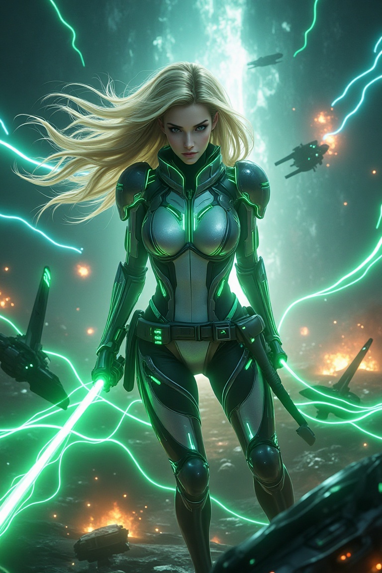 Rhea Arcane Vox,  a blonde-haired warrior,  captured in a dynamic action pose during a galactic war. She stands mid-battle...