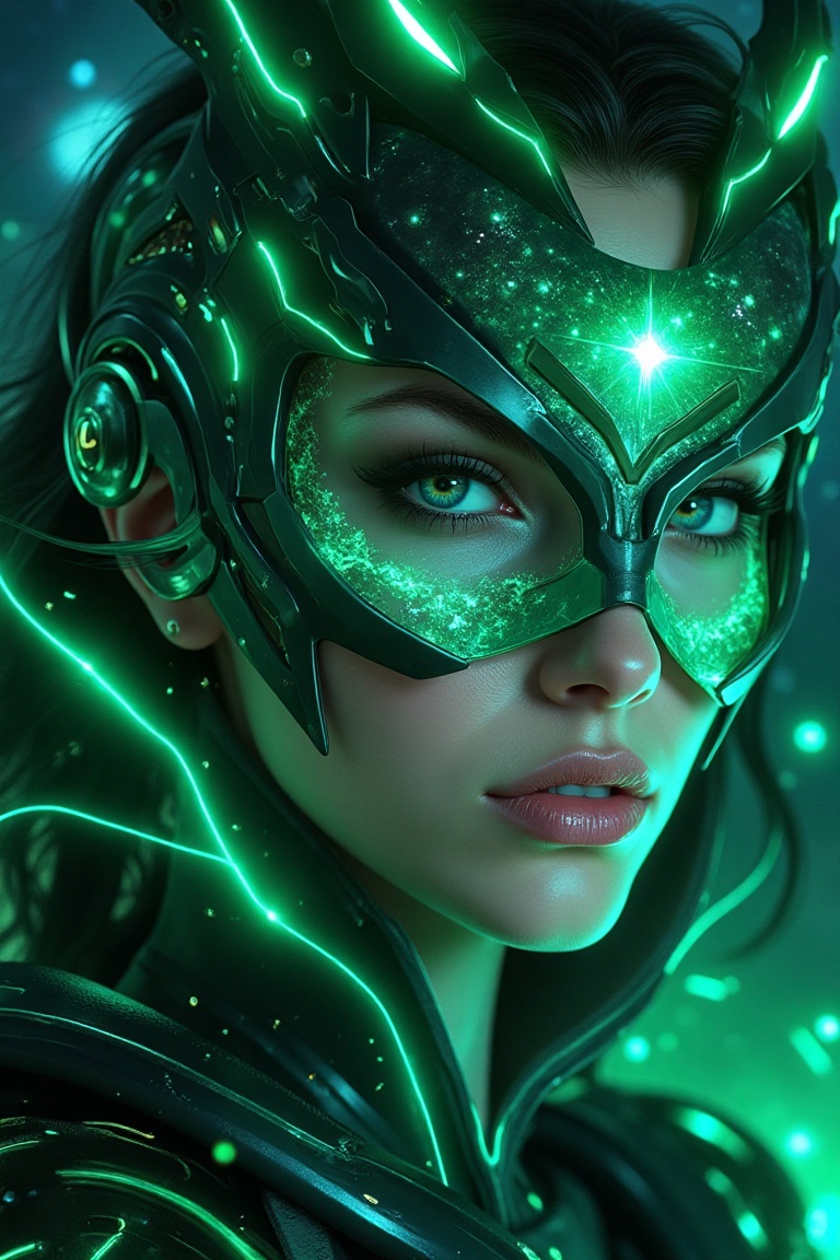 Rhea Arcane Vox,  a close-up of the queen of galactic battle,  radiating authority and strength. Her face is framed by a f...