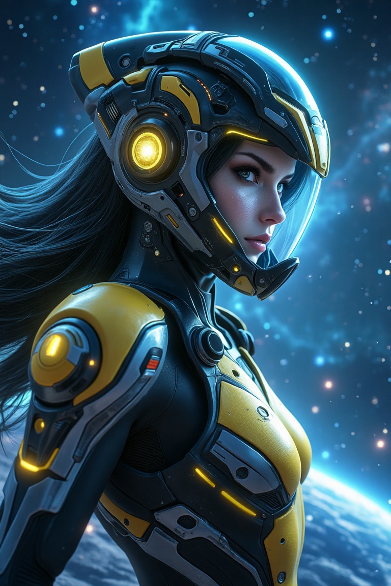 Rhea Arcane Vox,  a close-up portrait of a woman in a futuristic Warframe suit,  set against the vast expanse of galactic...