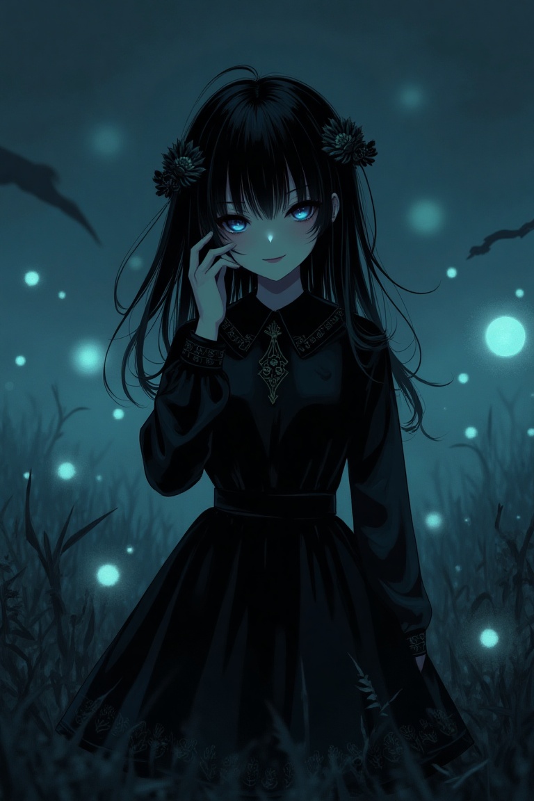 A dark anime-style illustration of a girl exuding an unsettling allure,  her expression eerie and mysterious. The scene is...