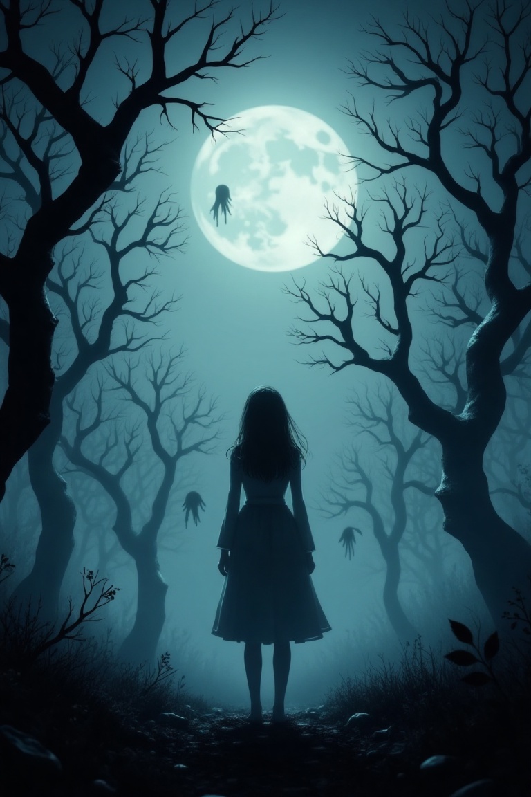 A dark anime-style cinematic horror scene,  exuding unsettling allure and an eerie mood. The frame is a dramatic wide shot...