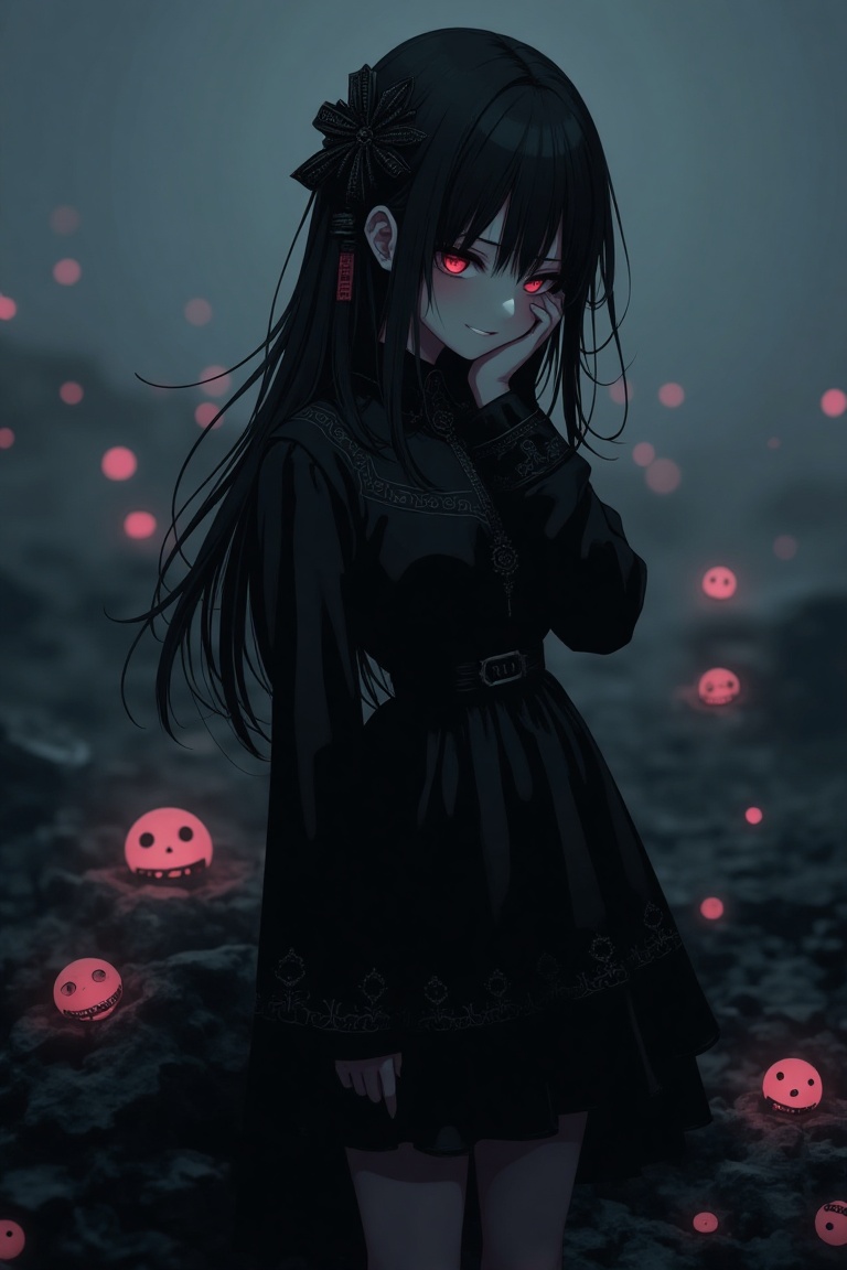 A dark anime-style illustration of a girl exuding an unsettling allure,  her expression eerie and mysterious. The scene is...