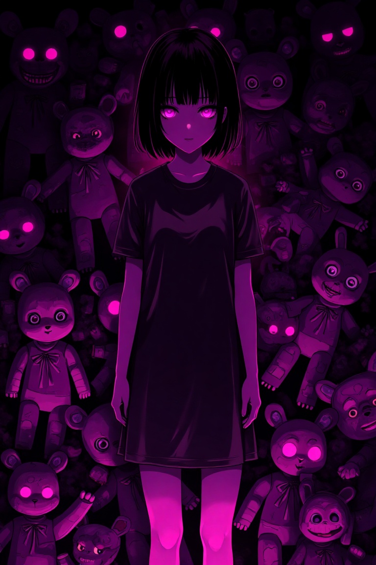 A dark anime-style illustration of a girl radiating unsettling allure,  her expression eerie and mysterious. The scene is...