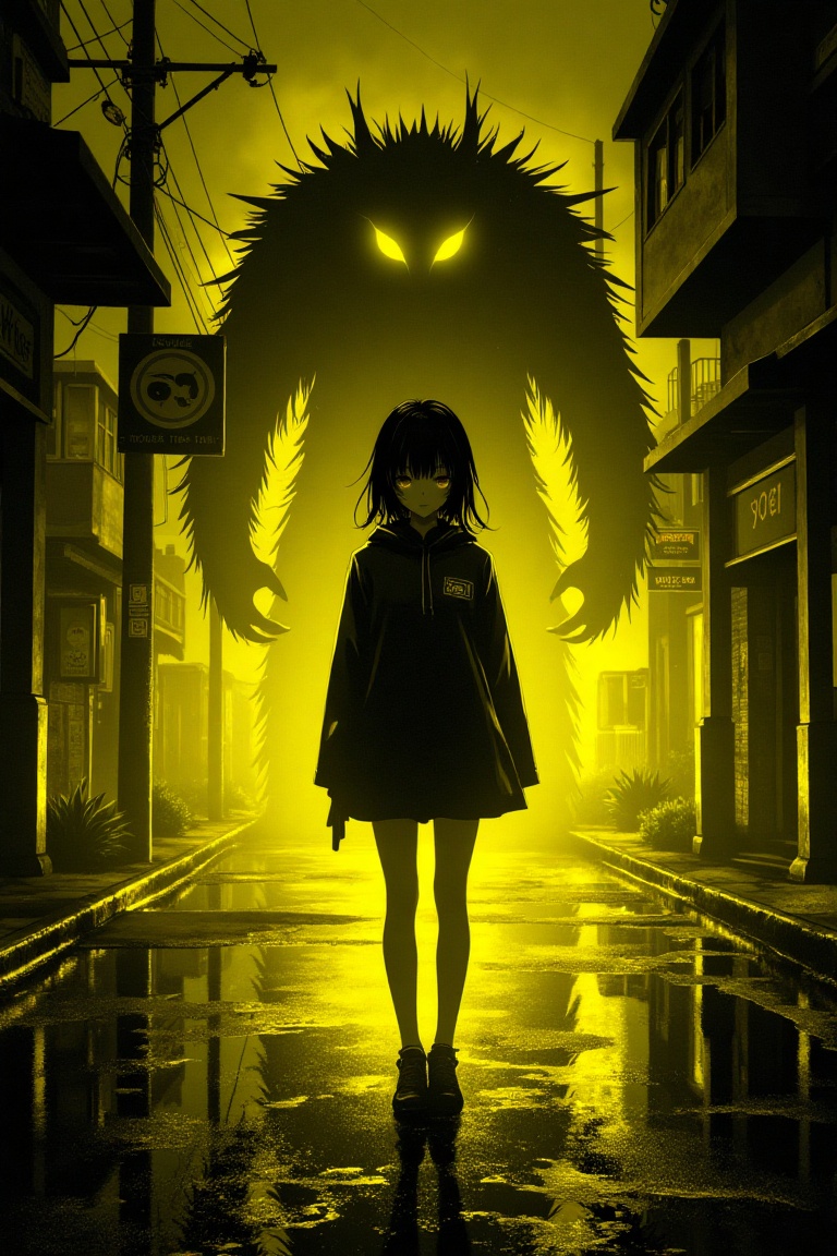 A dark anime-style illustration of a girl walking alone,  exuding unsettling allure under the glow of yellow neon lights....