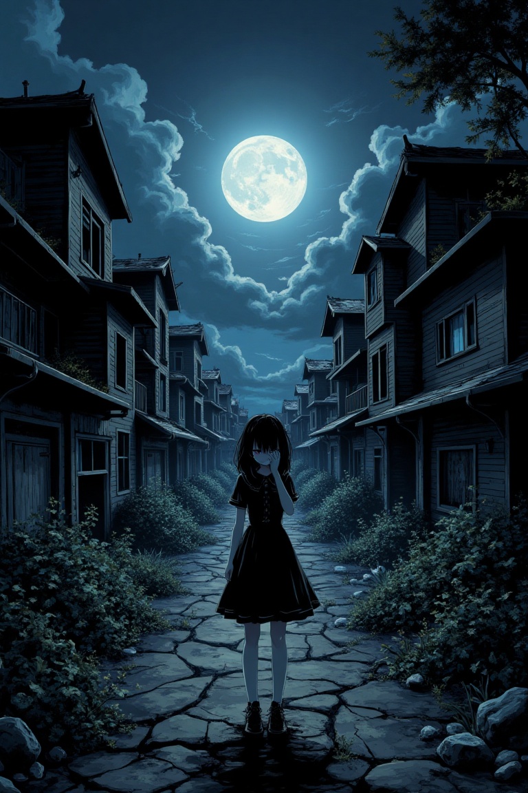 A dark anime-style illustration of a girl exuding unsettling allure,  standing alone in a creepy,  abandoned city nestled...