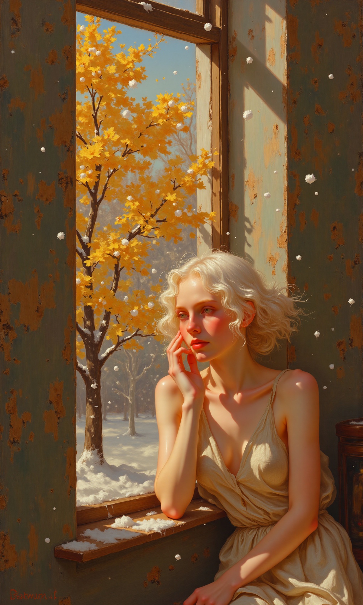 A contemplative white-haired girl,  eyes fixed intently as she scratches her chin,  leaning against a windowsill bathed in...