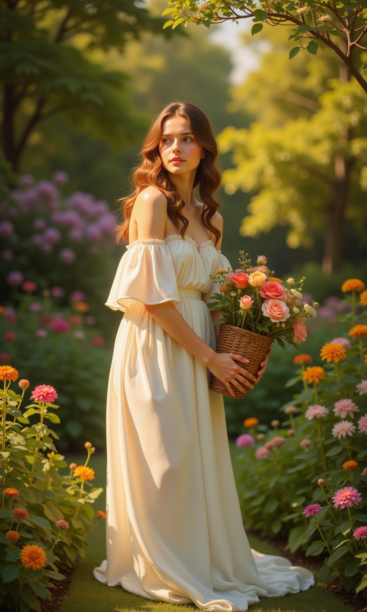 Softly lit afternoon sunlight casts a warm glow on the tranquil garden scene,  where a woman stands elegantly in a flowing...