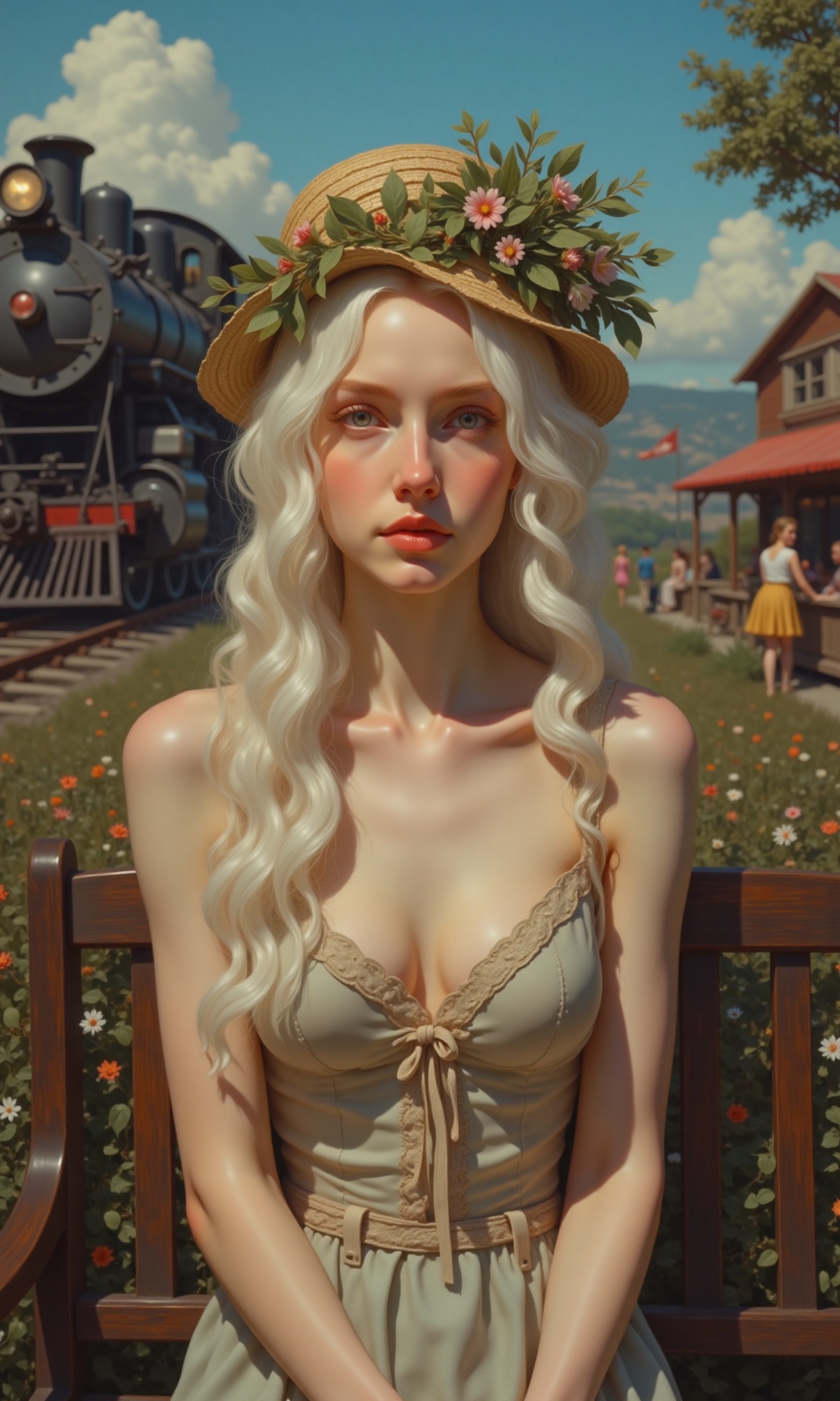 Close-up shot of a girl sitting on a worn bench,  gazing directly at the viewer with an air of mystery. Her flowing white...