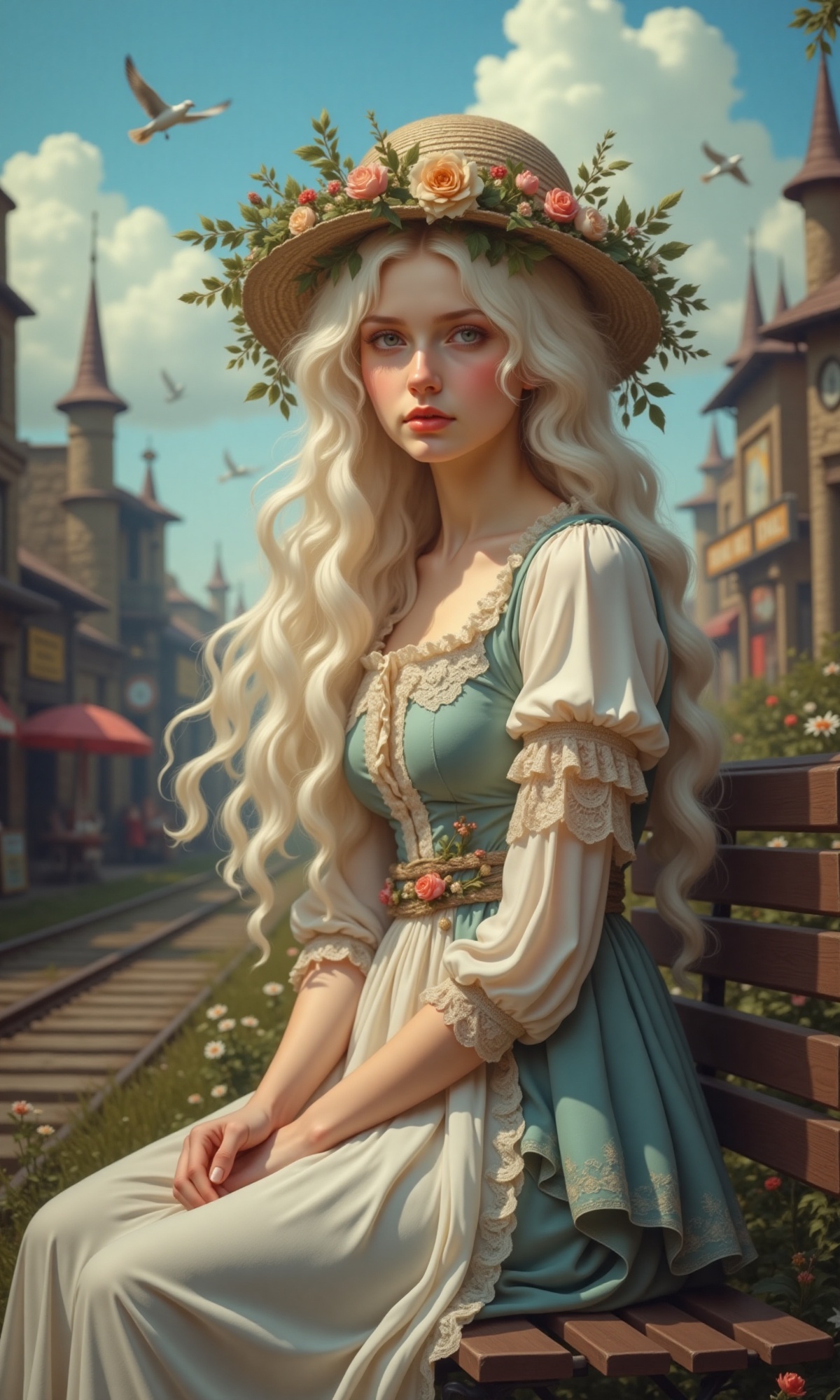 A serene close-up shot captures a girl sitting on a worn bench,  her gentle gaze meeting the viewer's eye. Soft focus enve...
