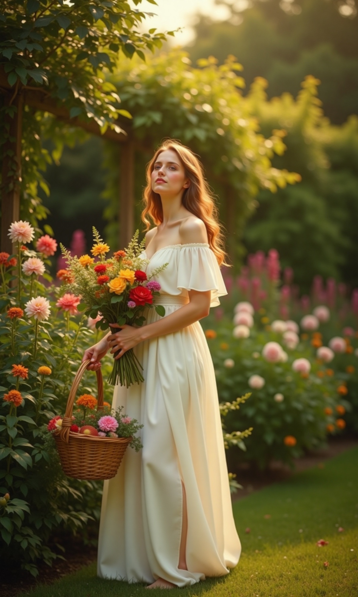 Softly lit afternoon sunlight casts a warm glow on the tranquil garden scene,  where a woman stands elegantly in a flowing...
