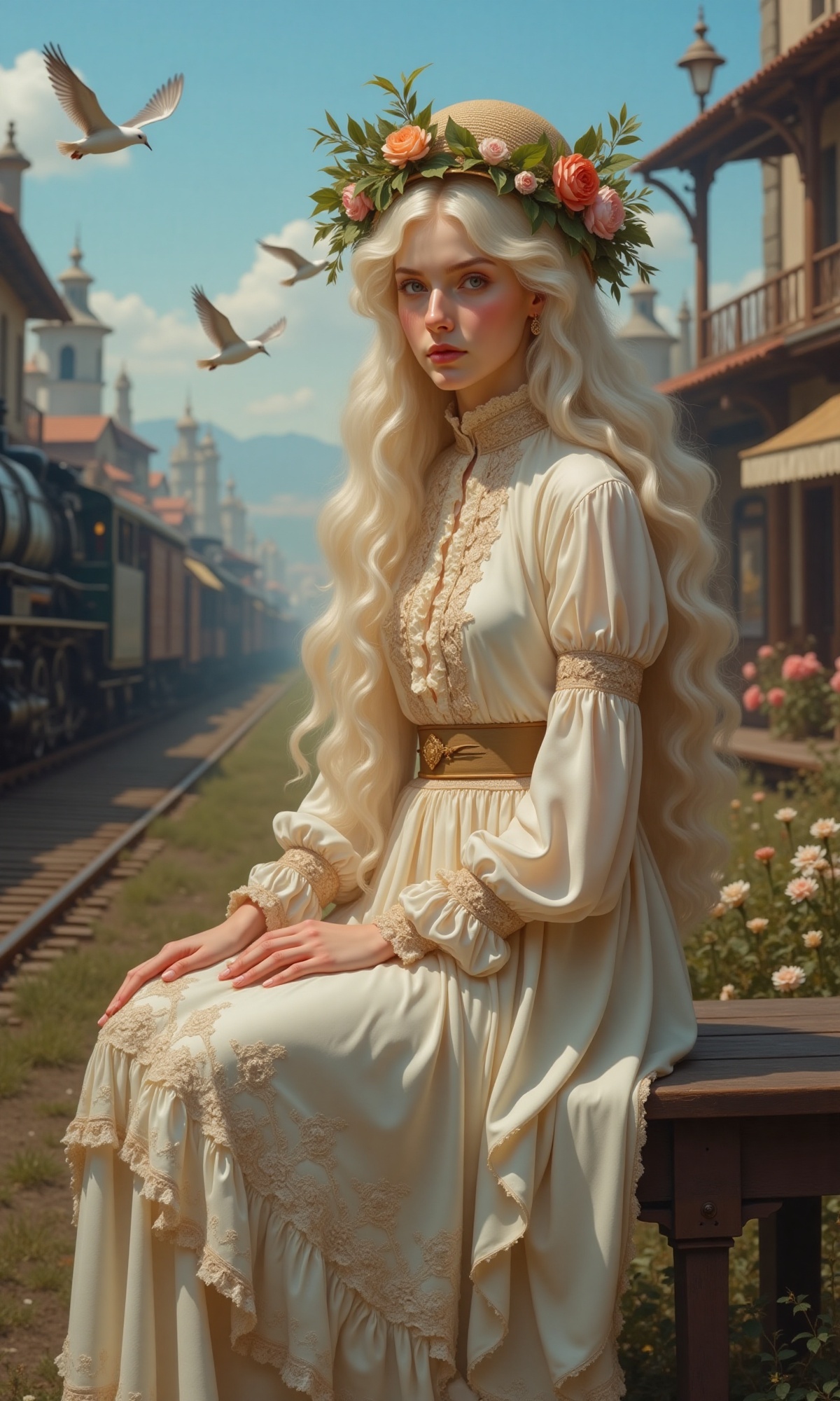 A serene close-up shot captures a girl sitting on a worn bench,  her gentle gaze meeting the viewer's eye. Soft focus enve...
