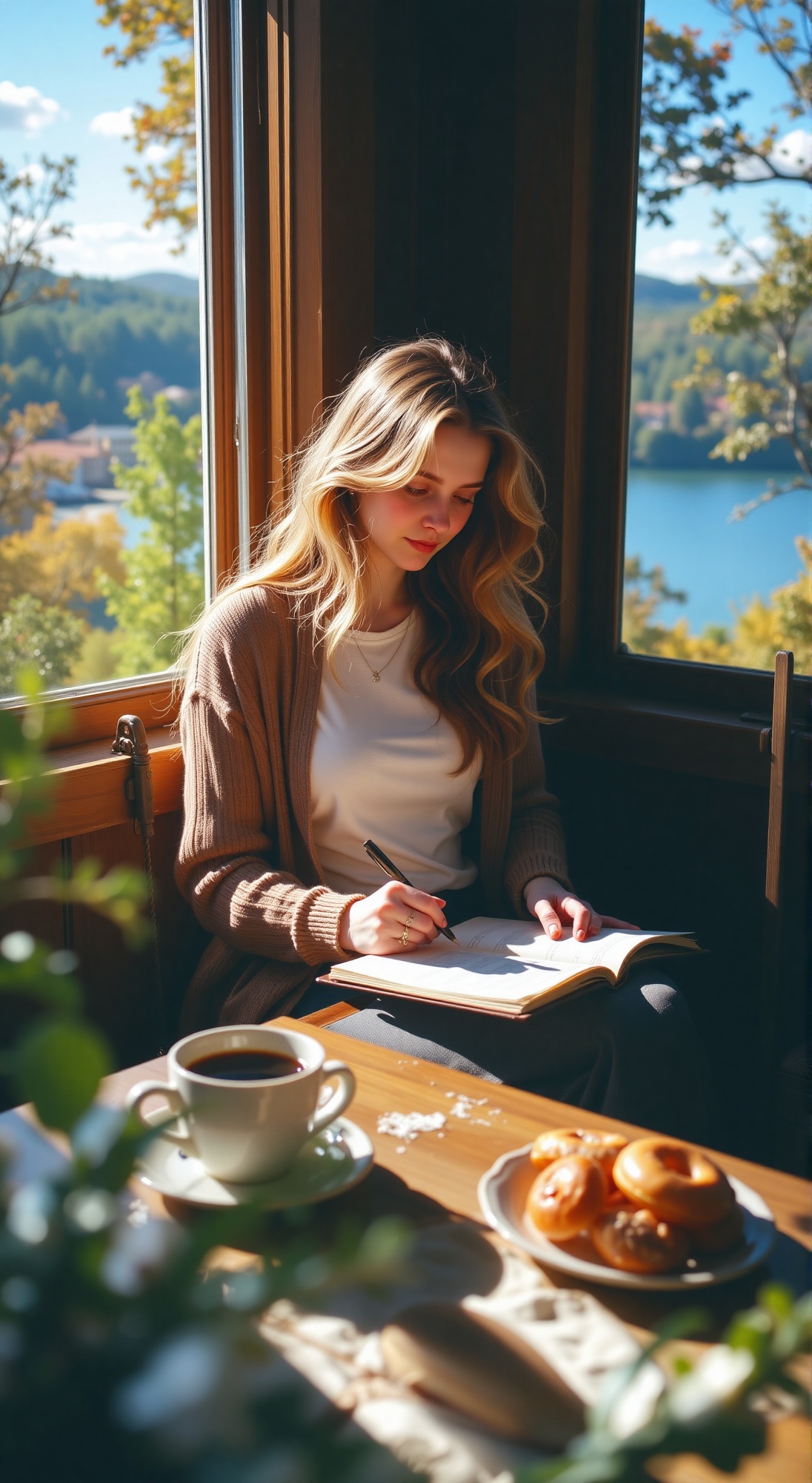 A warm afternoon glow spills through the window,  casting a long,  hard shadow across the floor as the woman sits in conte...