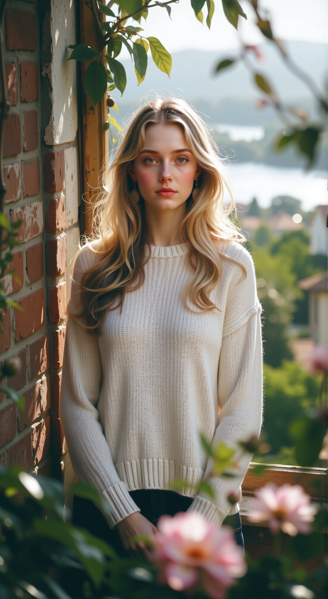A serene portrait of the woman stands out against the rustic charm of the brick wall and window frame. Soft sunlight casts...