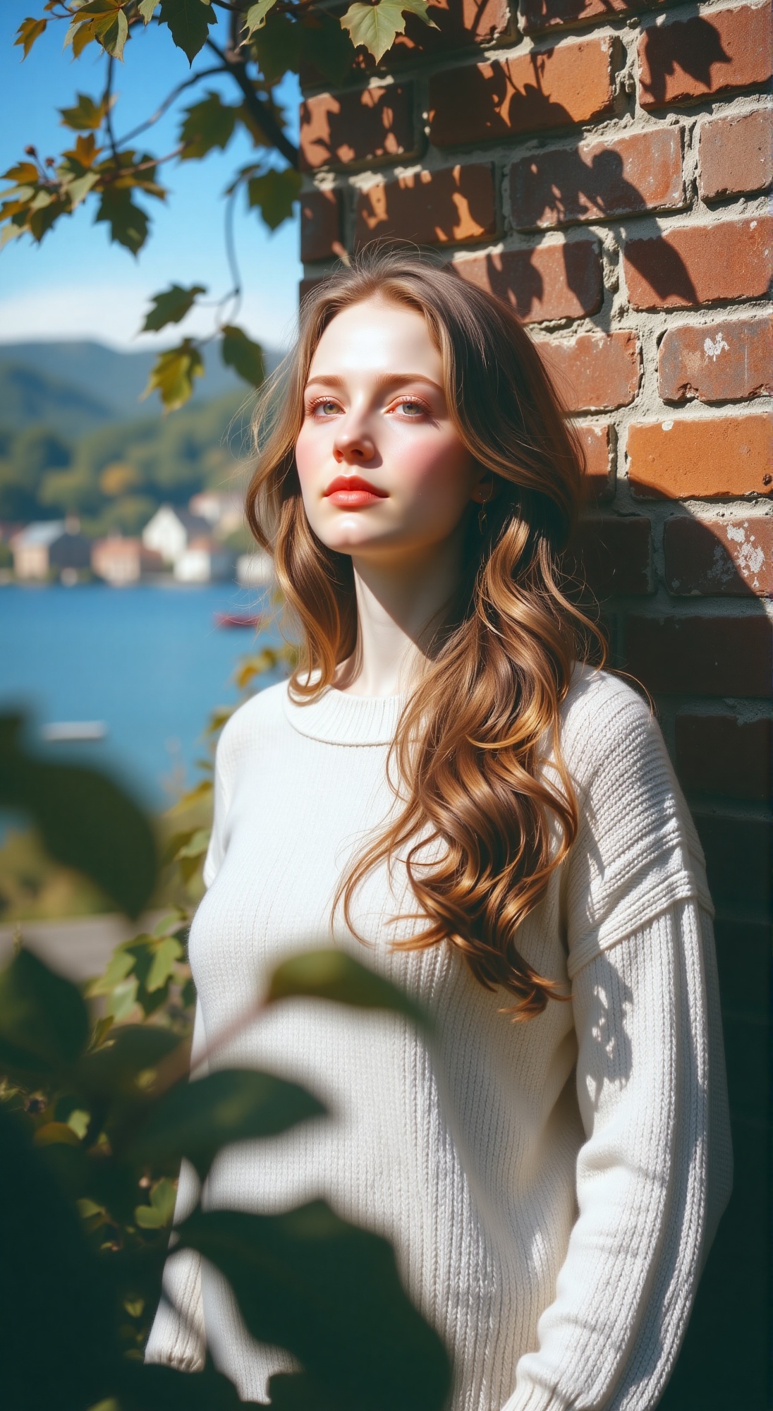 A serene portrait of a woman stands out against the rustic backdrop of a weathered brick wall. Her flowing hair cascades d...