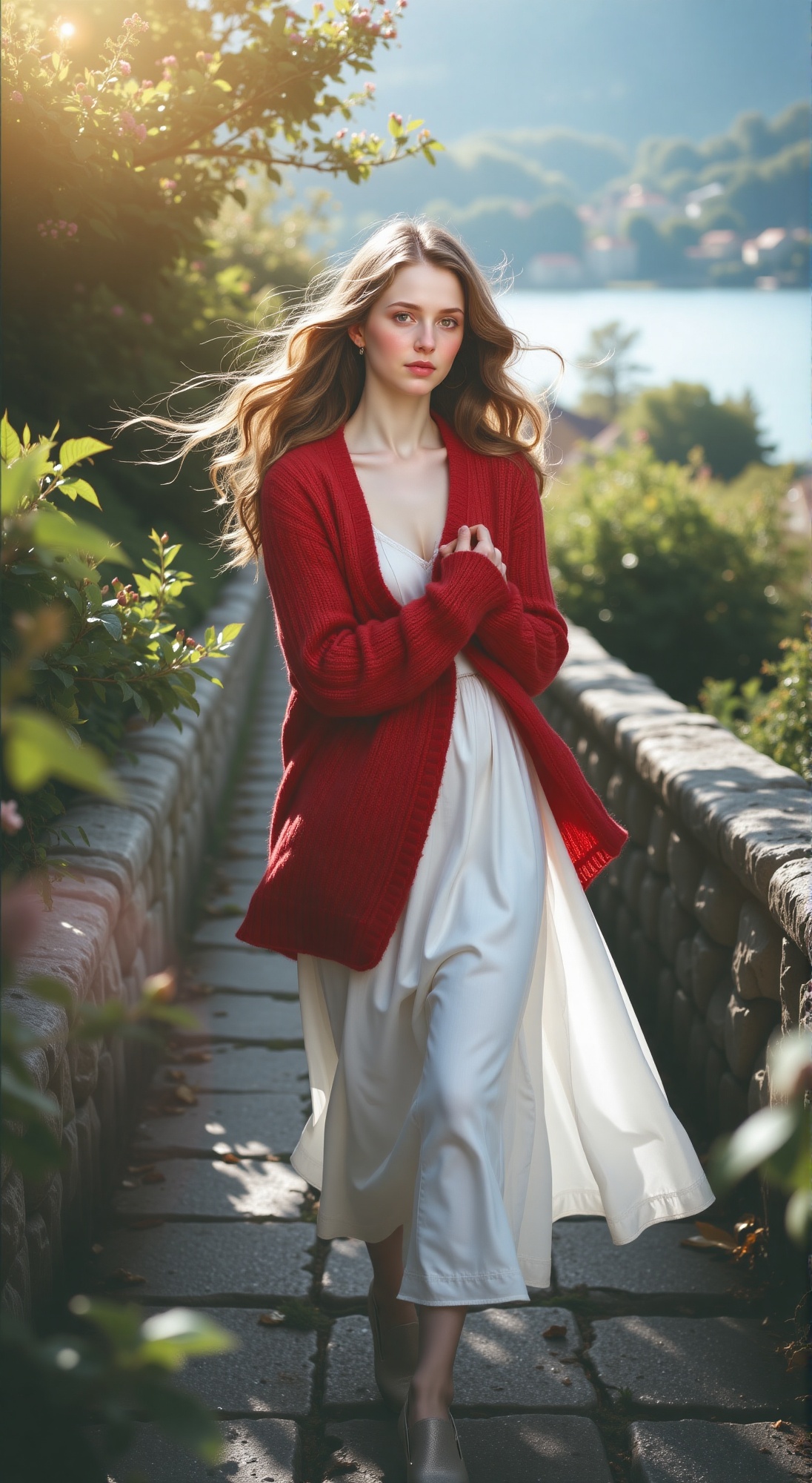 A serene portrait of a woman,  her flowing locks cascading down her back as she wraps herself in a vibrant red cardigan ov...