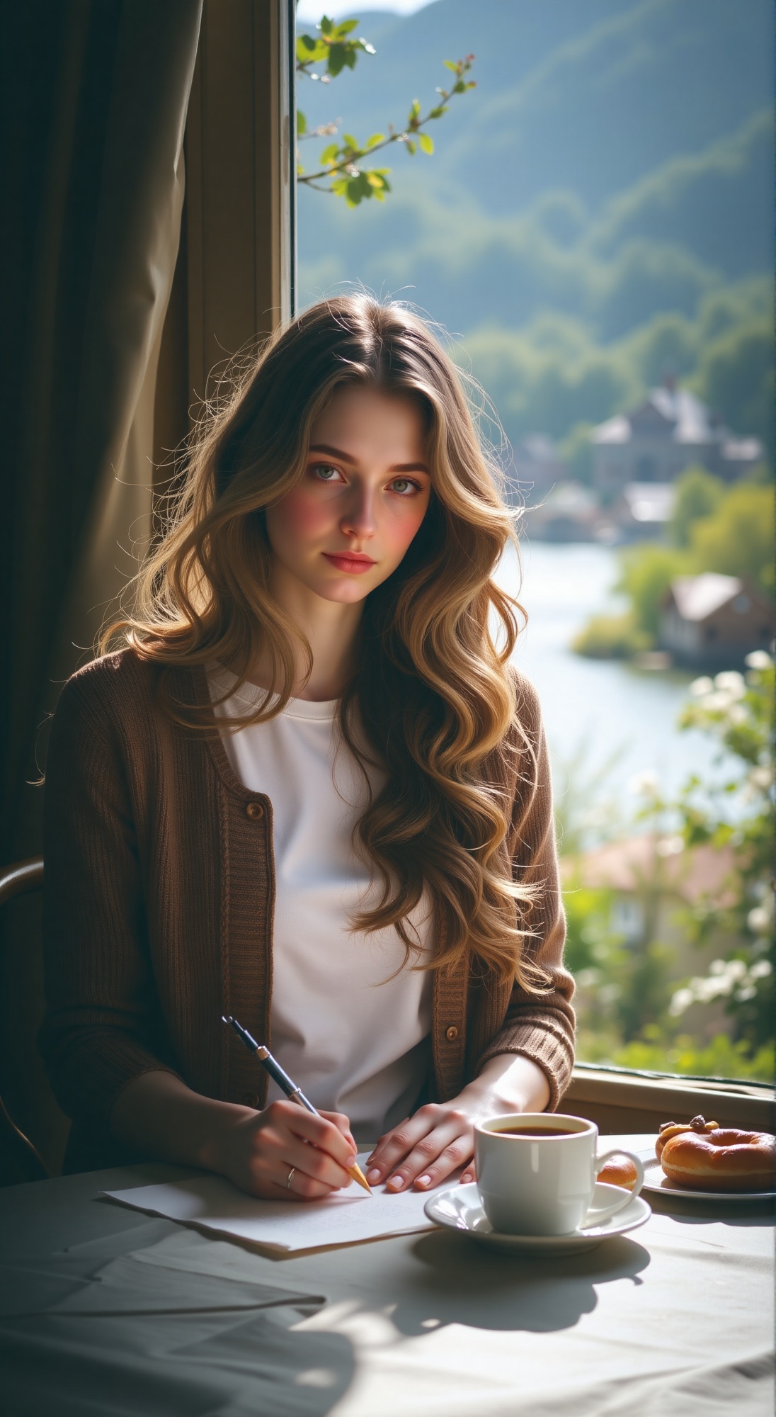 Soft-focused portrait of a woman,  with flowing hair cascading down her back,  wearing a mocha cardigan over a crisp white...