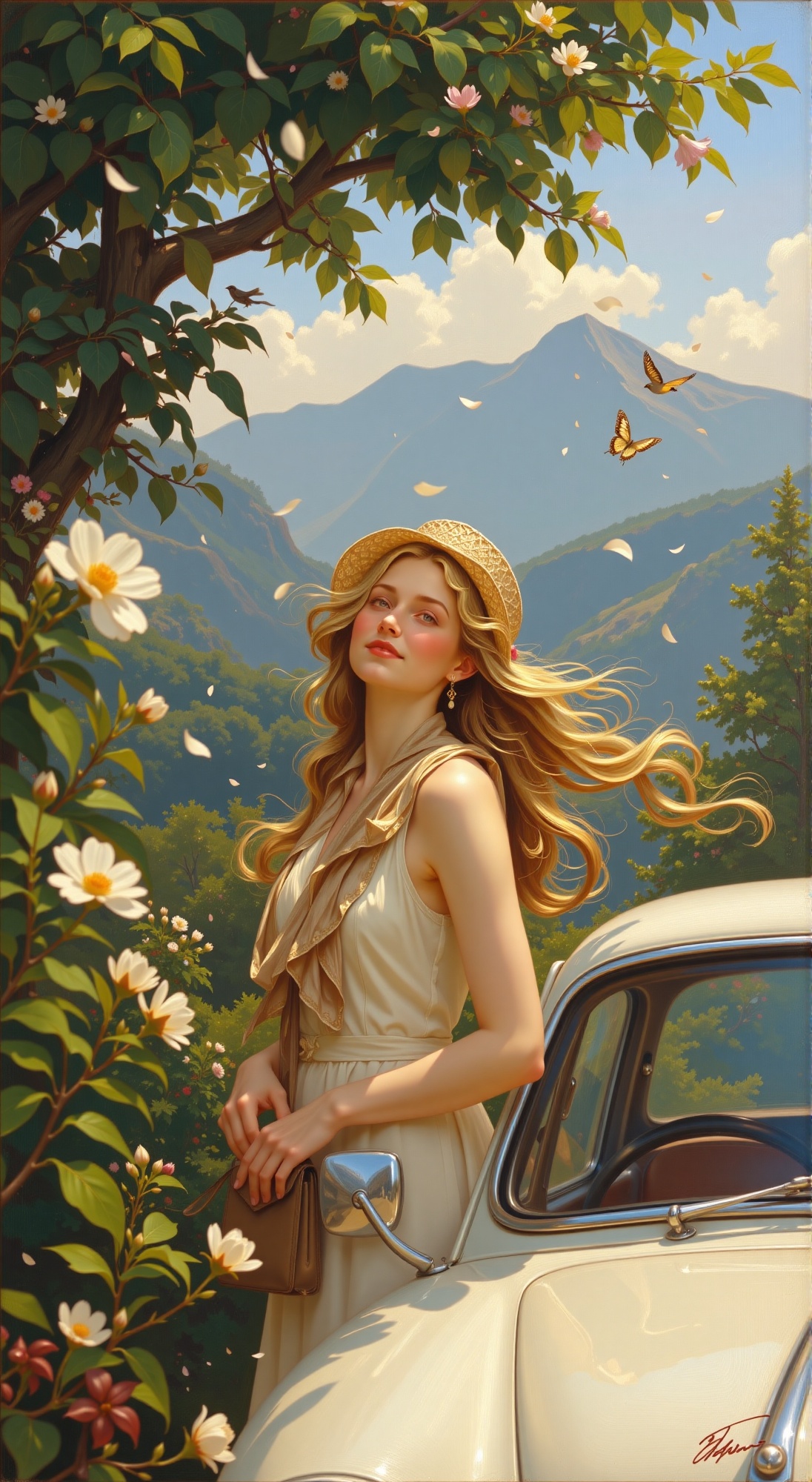 A serene oil portrait of a joyful woman exudes elegance as she gazes softly into the distance. Her flowing hair cascades d...