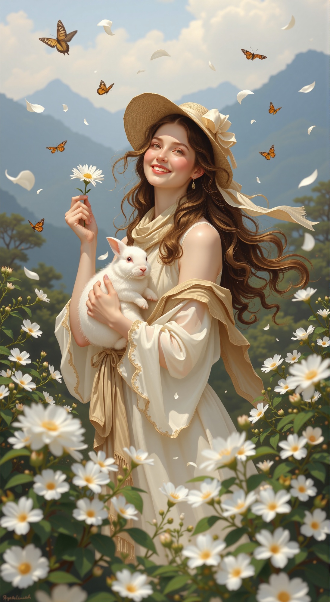 A serene portrait of a joyful,  elegant woman gently plucks a flower while cradling a white rabbit. Her flowing hair and s...
