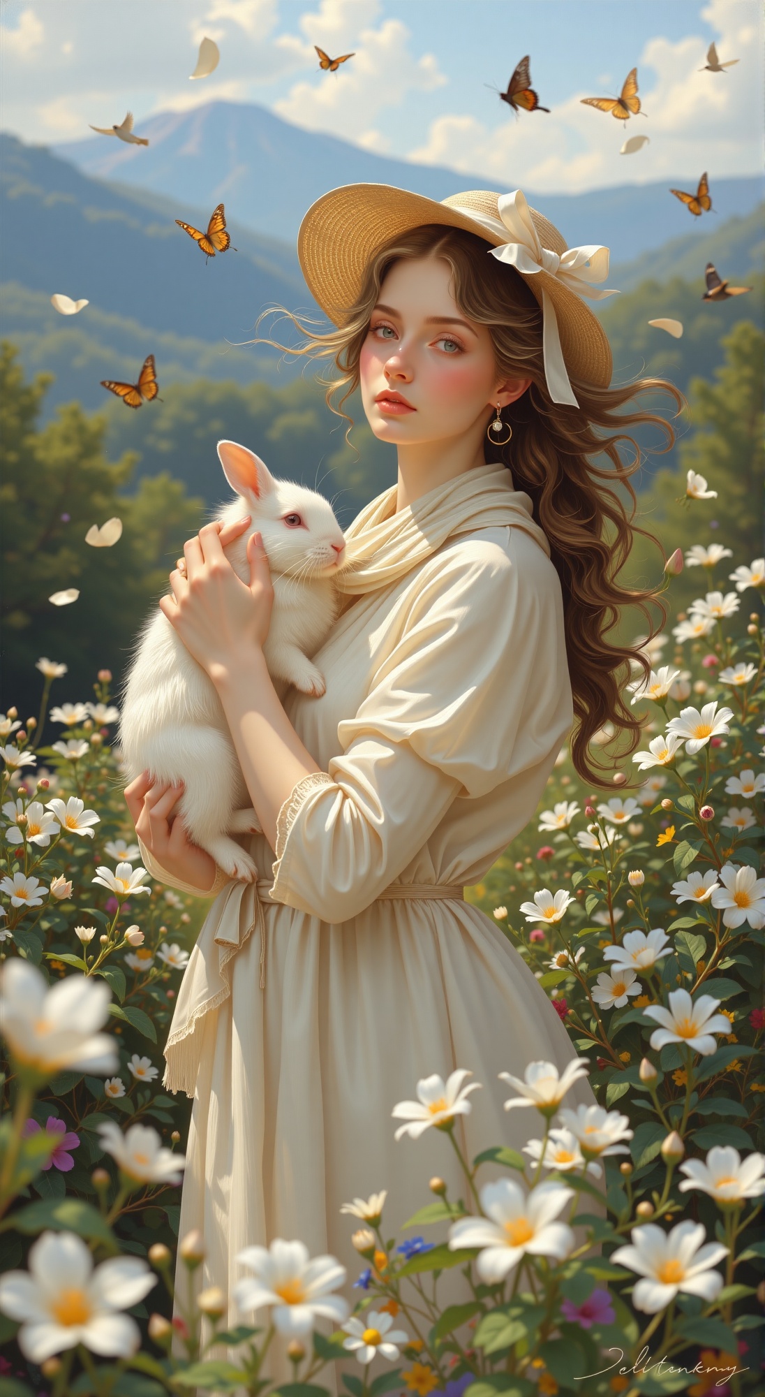 A serene head portrait of an elegant woman,  effortlessly picking flowers while holding a white rabbit. Her flowing hair a...