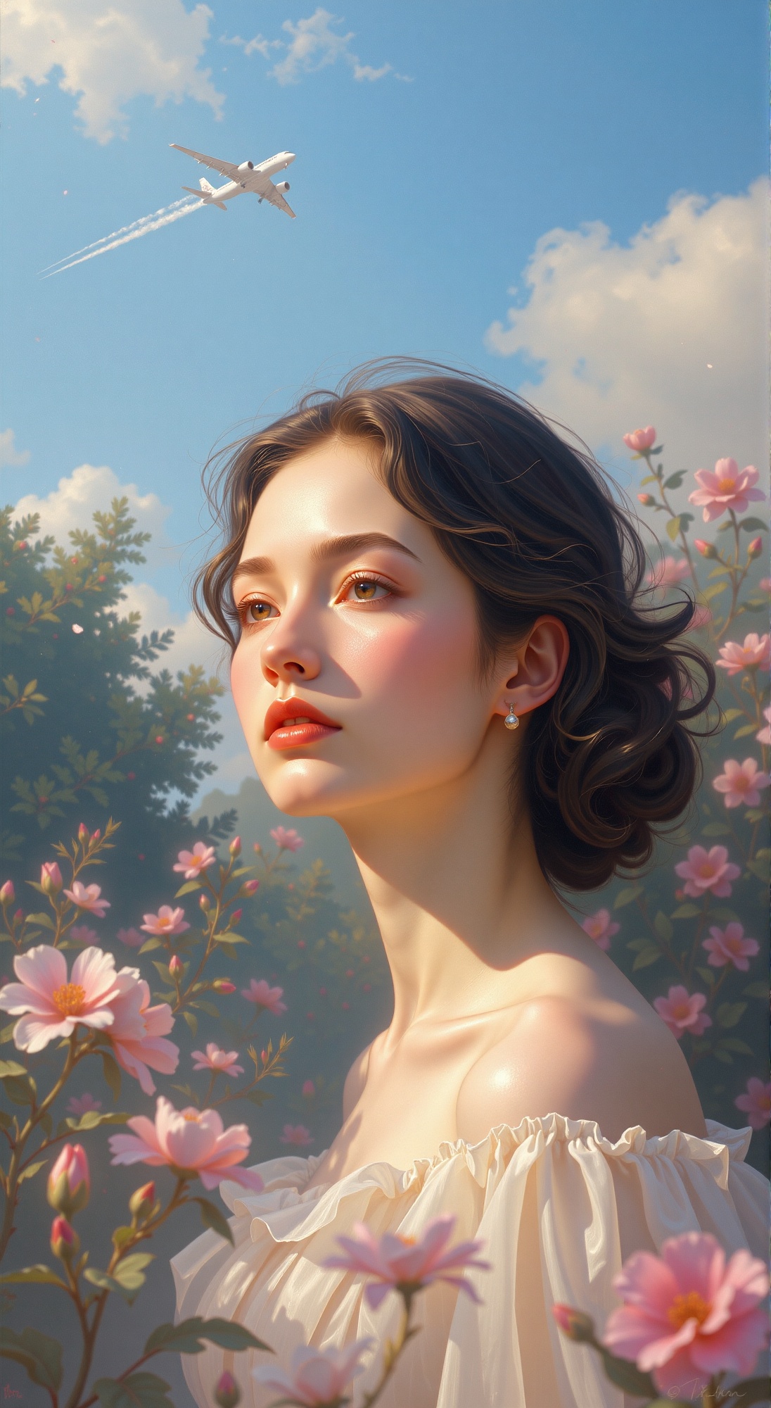 A serene portrait of an elegant woman bathed in soft focus,  set against a blurred tapestry of foliage and flowers. The ge...