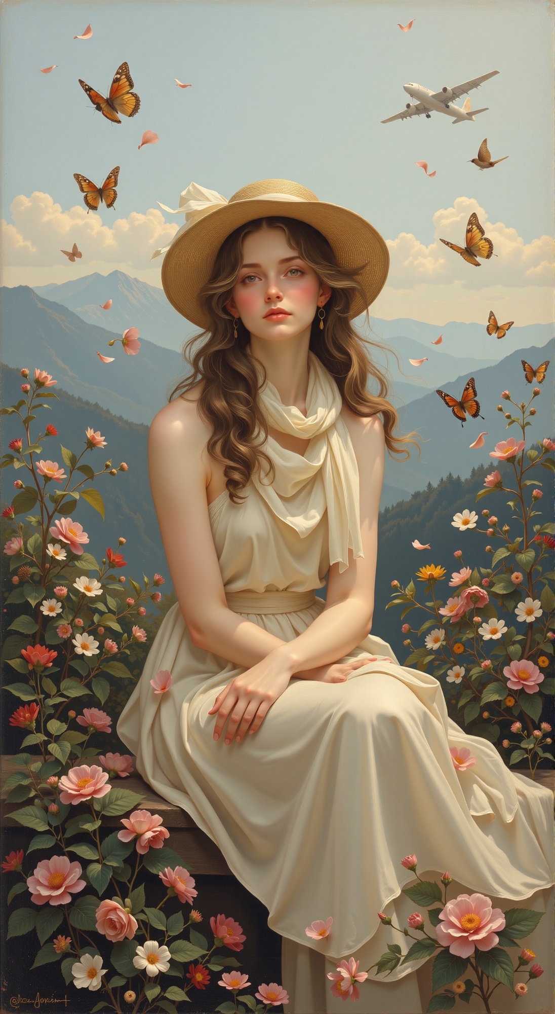 A serene portrait of a refined woman,  her flowing locks and scarf draping elegantly across the composition. She sits in s...