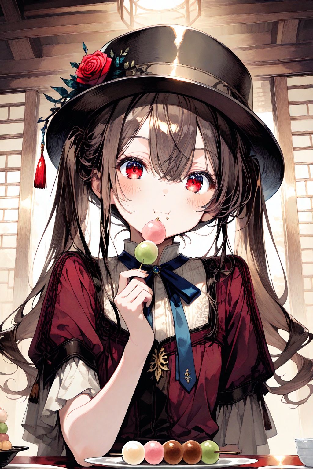 1girl,  food in mouth,  plate on Tensor.Art