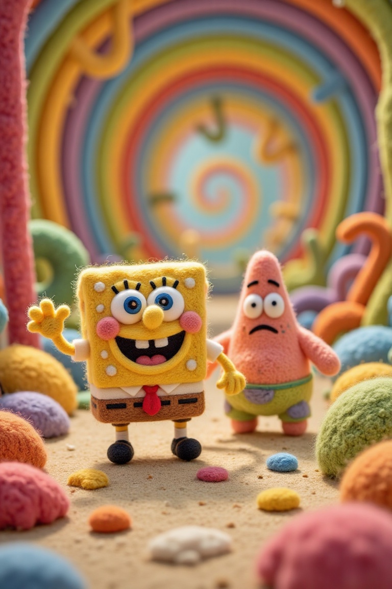 cute woolen characters,  SpongeBob and Patrick,  exploring an infinite on Tensor.Art