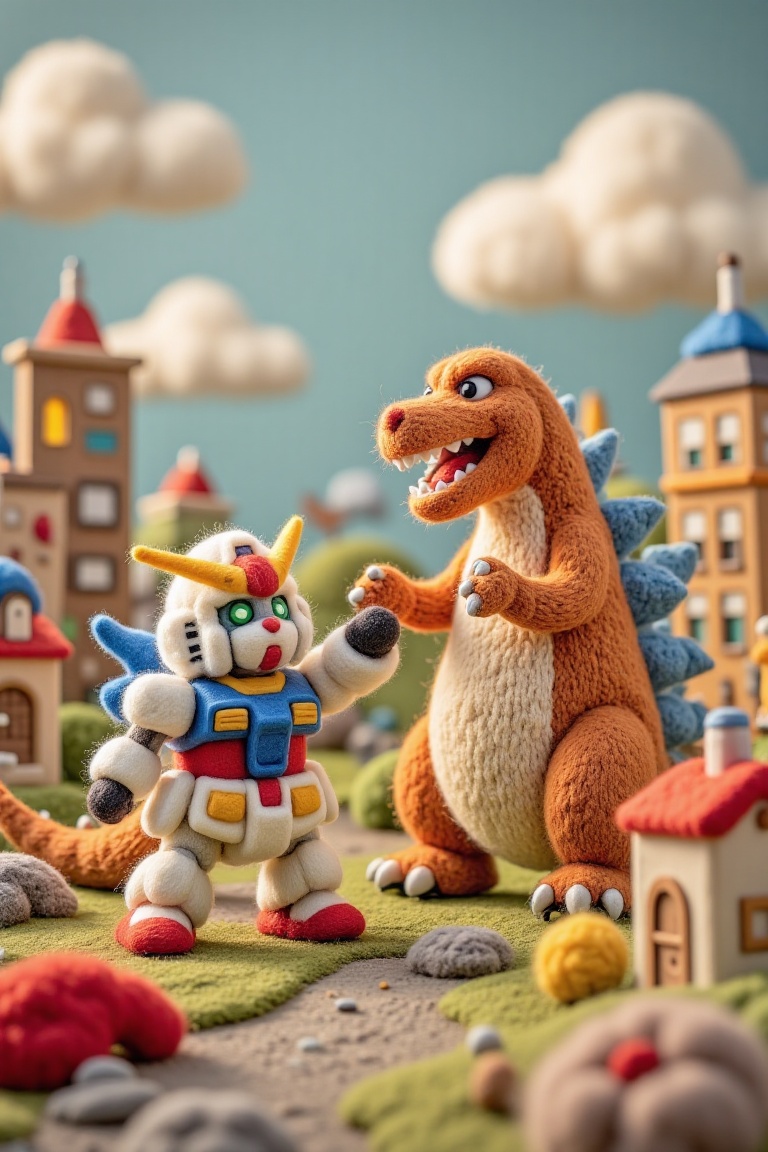 cute woolen characters,  a fluffy Gundam and a soft Godzilla,  engaged in a playful battle in a vibrant cityscape. The sce...