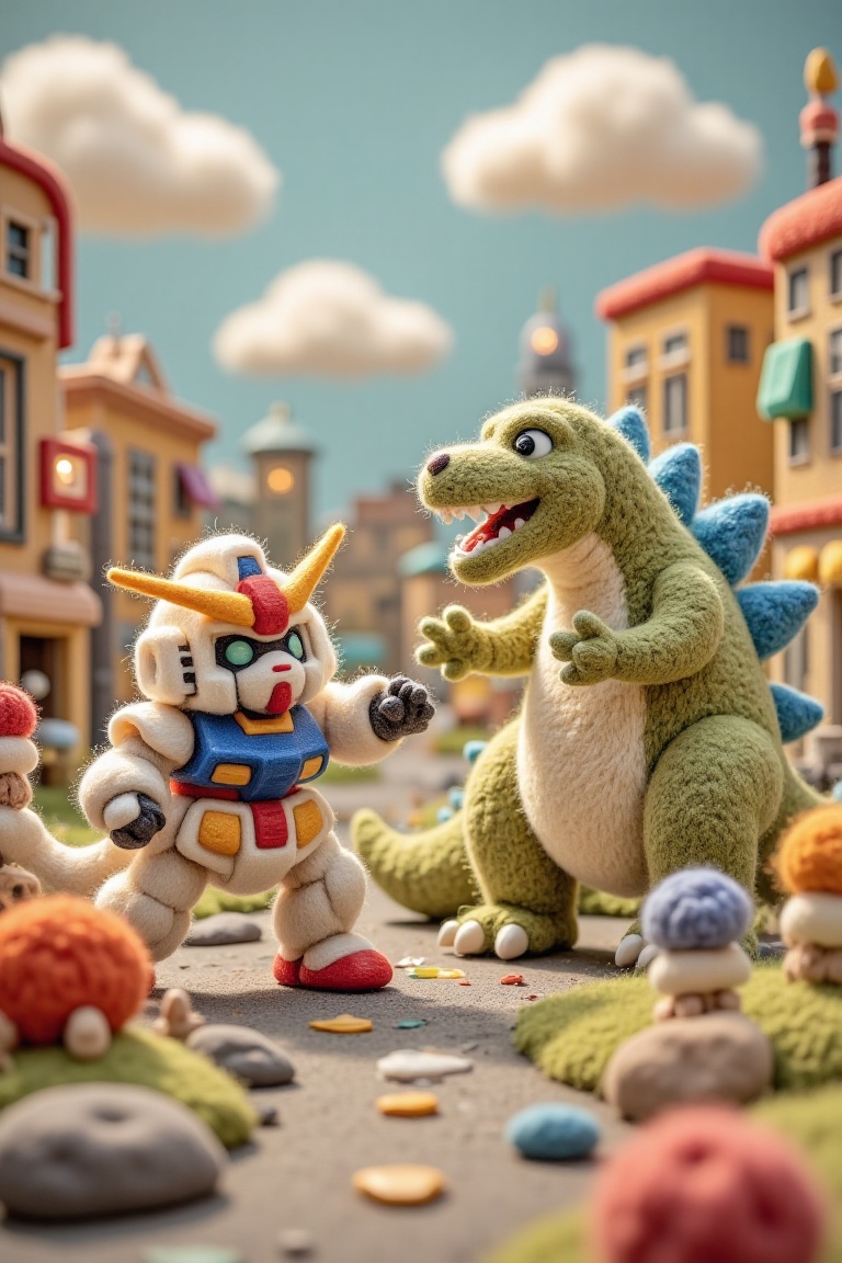 cute woolen characters,  a fluffy Gundam and a soft Godzilla,  engaged in a playful battle in a vibrant cityscape. The sce...