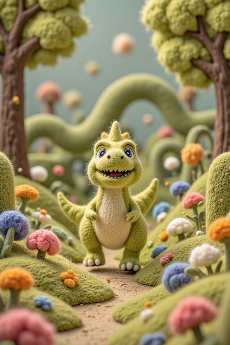 A cute woolen character,  shaped like a dinosaur T-Rex,  running through a vibrant maze with intricate walls. The scene is...