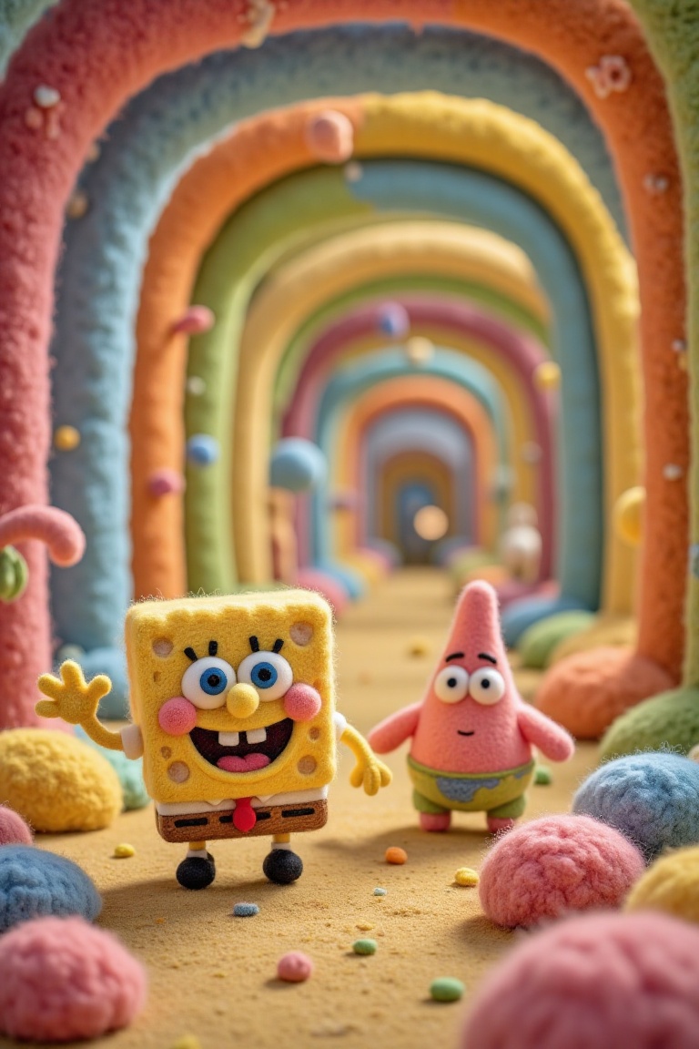 cute woolen characters,  SpongeBob and Patrick,  exploring an infinite on Tensor.Art