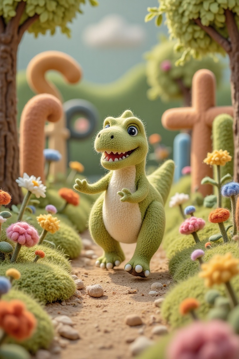 A cute woolen character,  shaped like a dinosaur T-Rex,  running through a vibrant maze with intricate walls. The scene is...