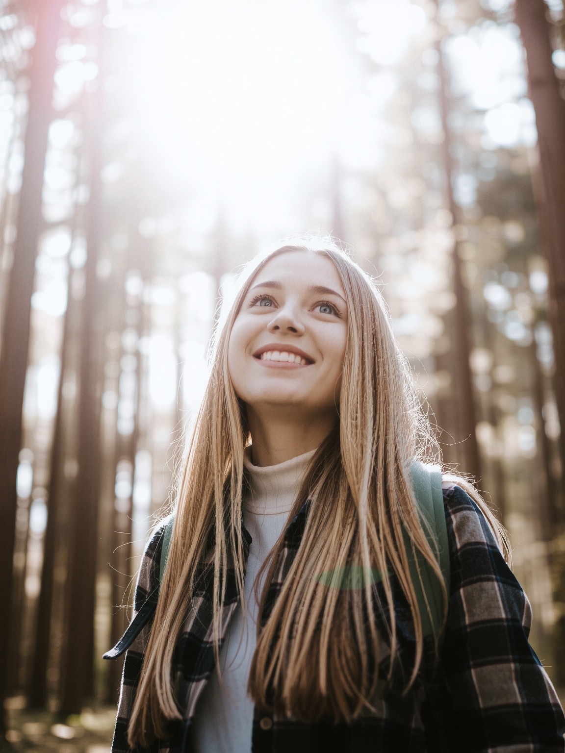 A young woman with long,  blonde hair stands in a sunlit forest,  wearing a plaid jacket and a white turtleneck. Her face...