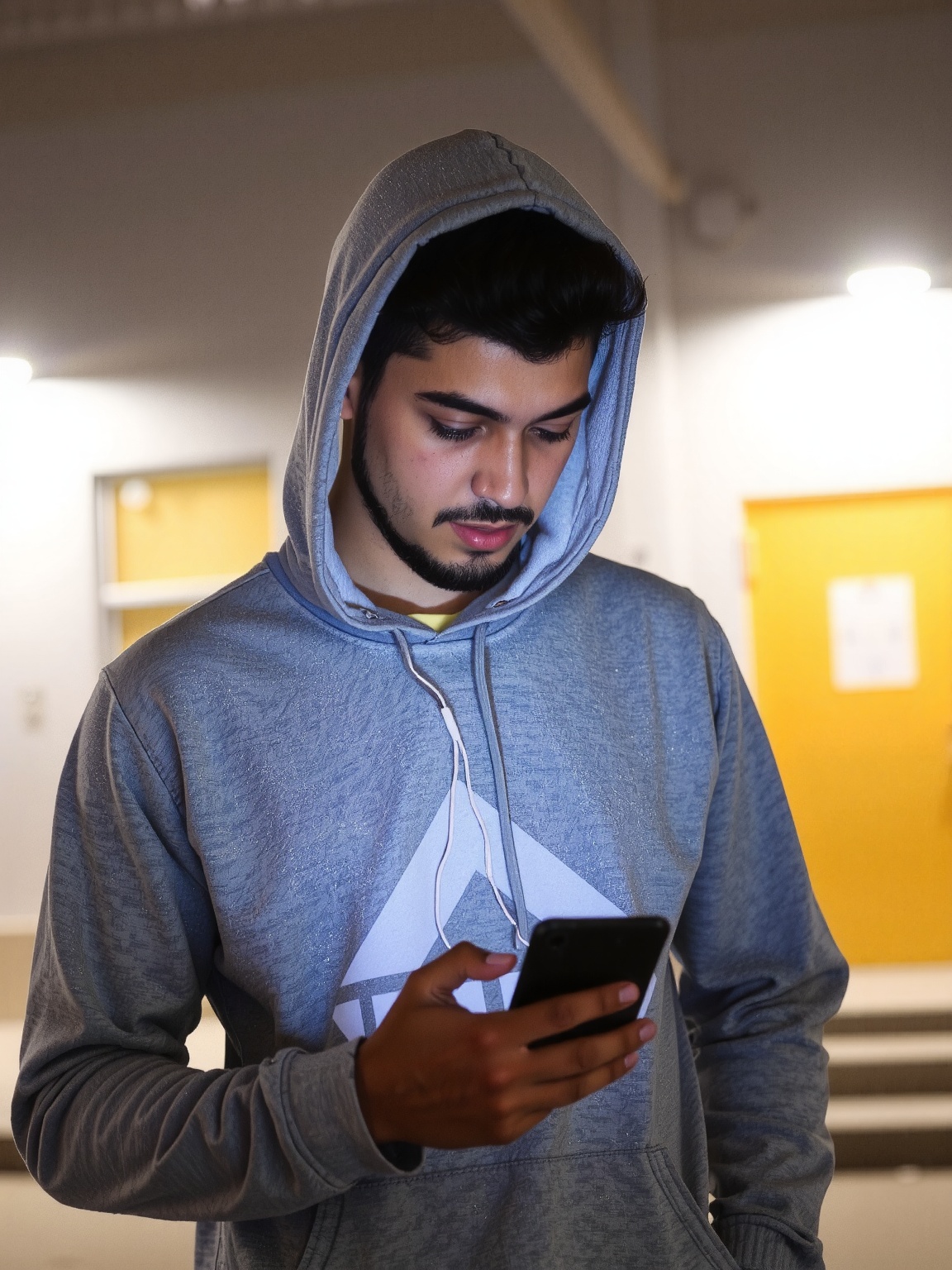 A man is looking down at his phone. The man is wearing a hooded sweatshirt. The hoodie is gray with a white logo on the fr...