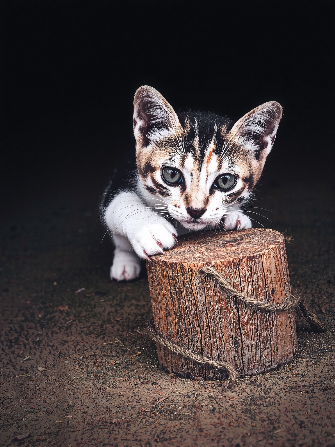 A curious kitten peeks from behind a weathered wooden post,  its sharp claws gripping the rough surface. The cat’s fur is...