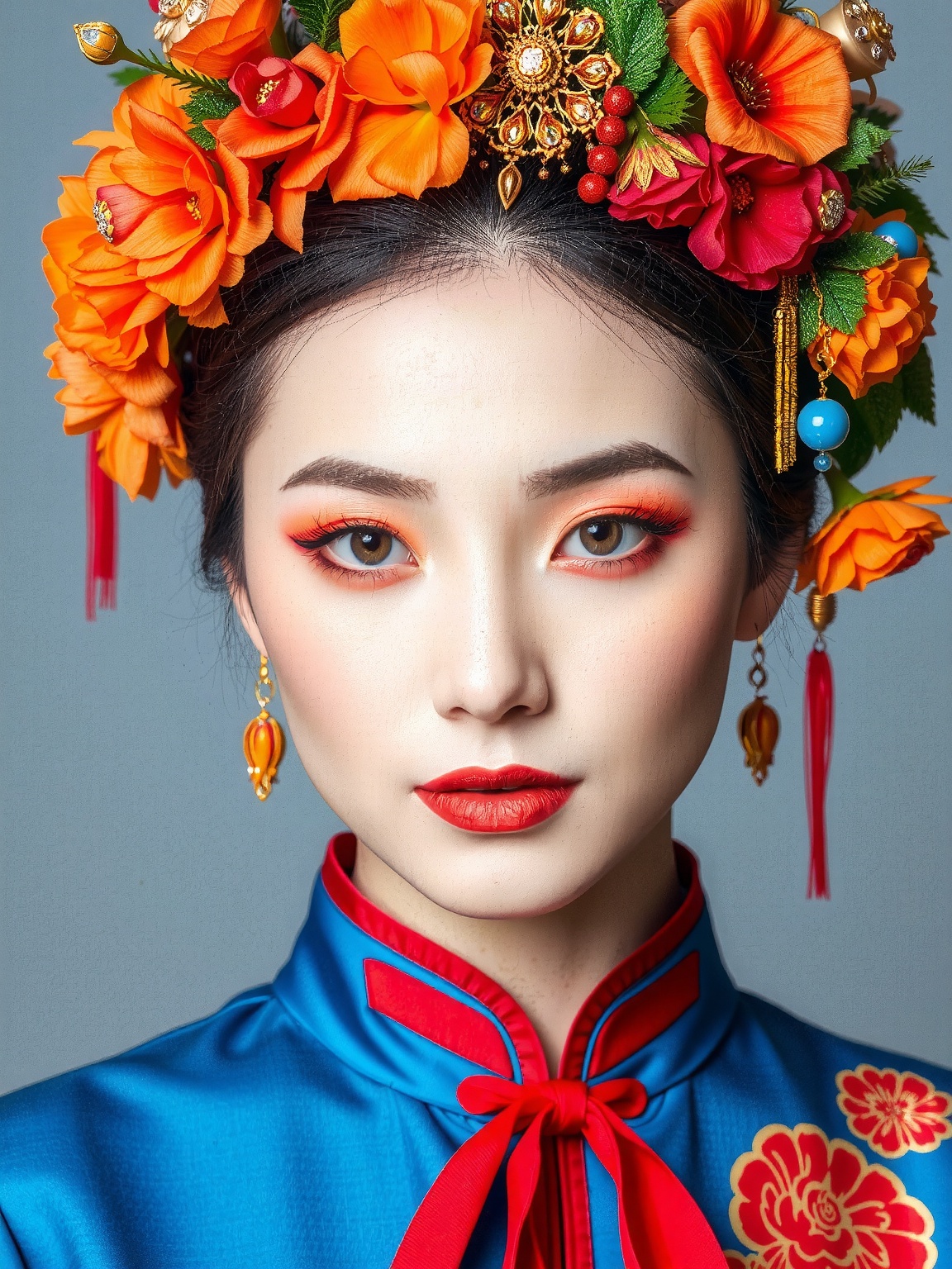 A close-up portrait of a young woman with a serene expression and captivating beauty,  featuring pale,  flawless skin. Her...