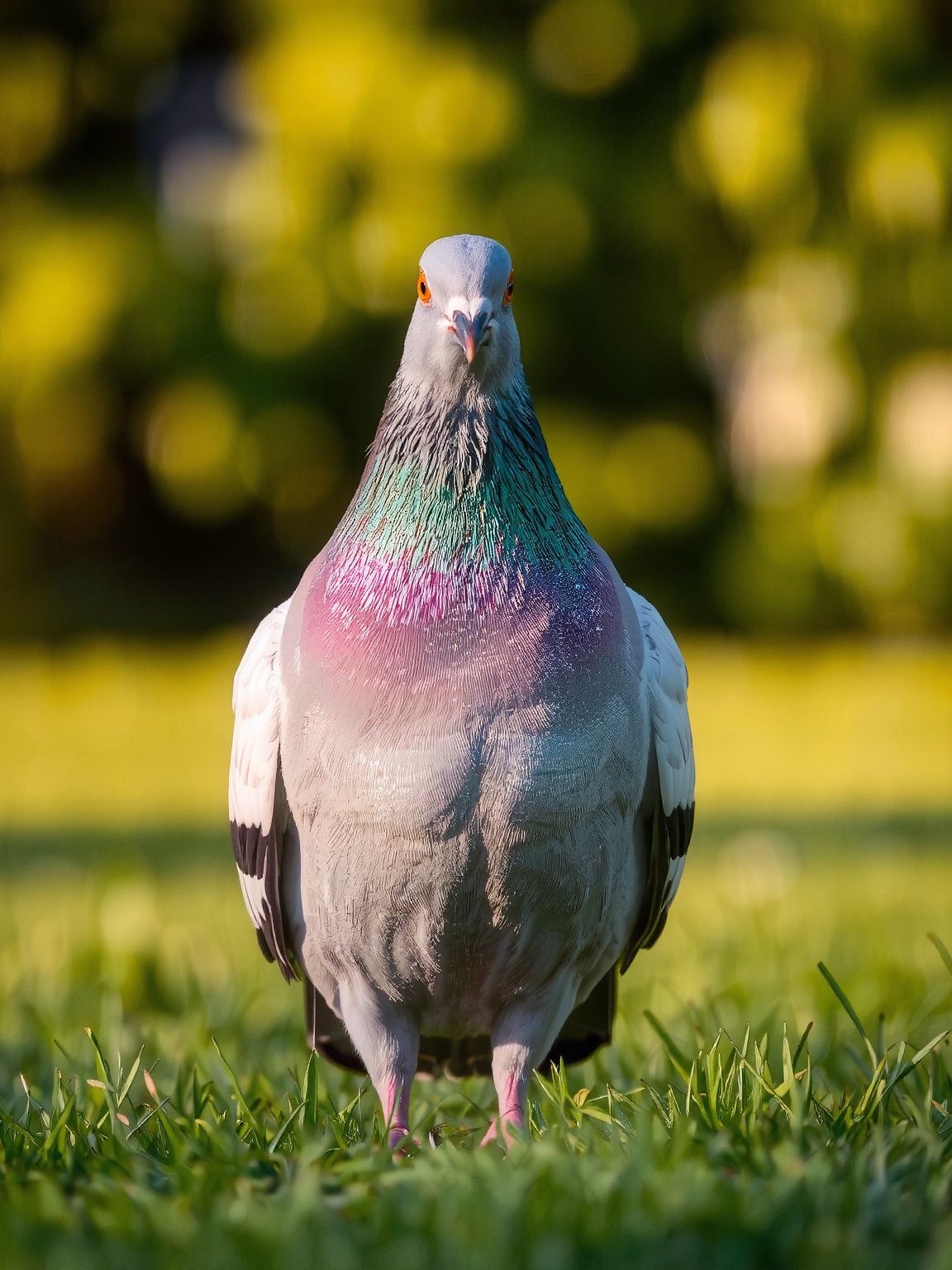 A pigeon stands on lush green grass,  basking in soft,  golden sunlight. Its iridescent neck feathers shimmer with hues of...
