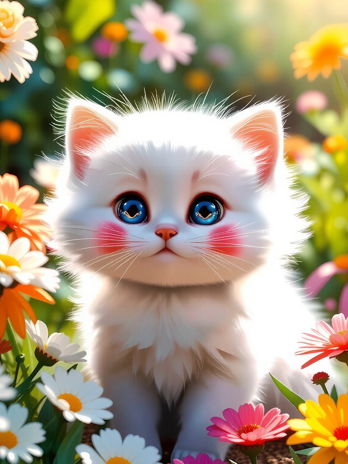 A fluffy white kitten with large,  sparkling blue eyes sits amidst a vibrant garden. The kitten's fur is soft and meticulo...
