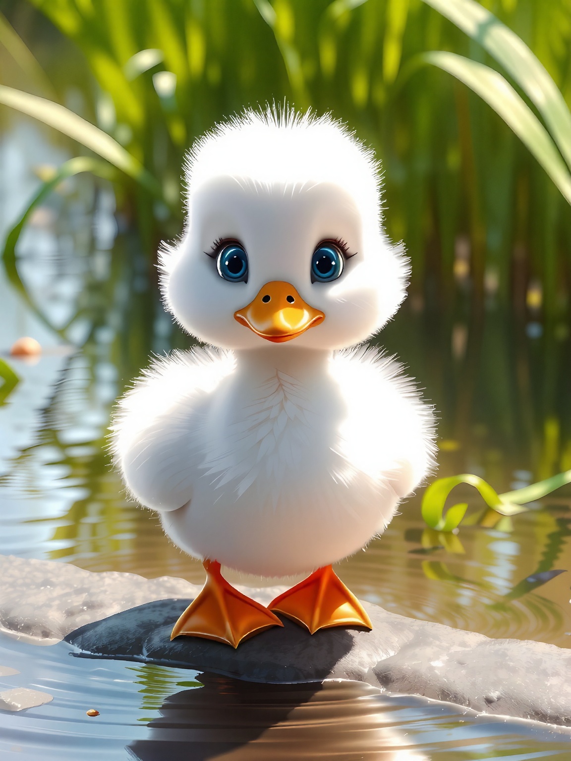 A charming,  fluffy duckling stands on the water's edge,  its pristine white feathers fluffed up adorably. The duckling's...
