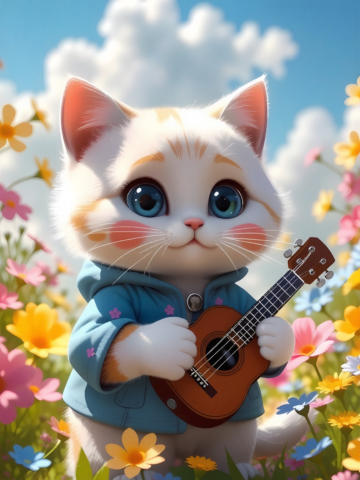 A charming cat stands in a vibrant,  flower-filled garden,  serenely cradling a small guitar. Its fur is creamy white with...