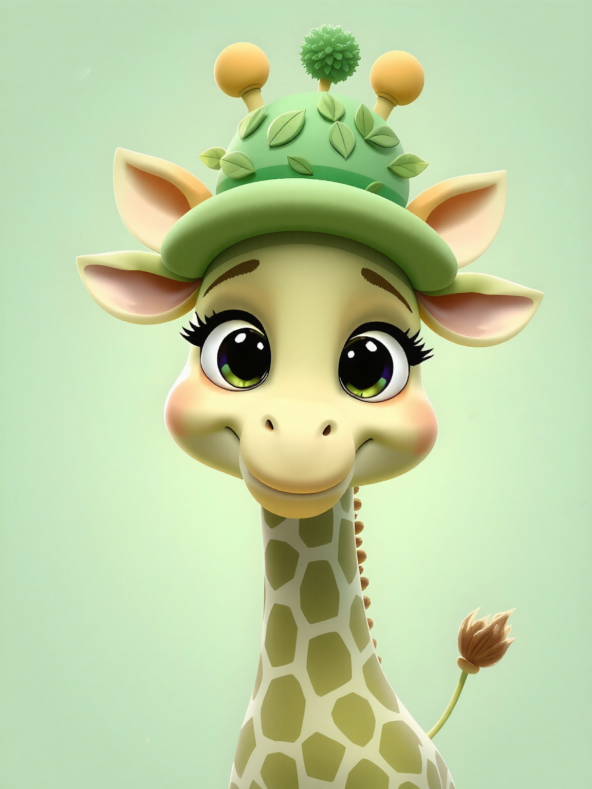 A cute,  cartoonish giraffe stands in a playful pose with a wide-eyed,  cheerful expression. Its skin features a soft gree...