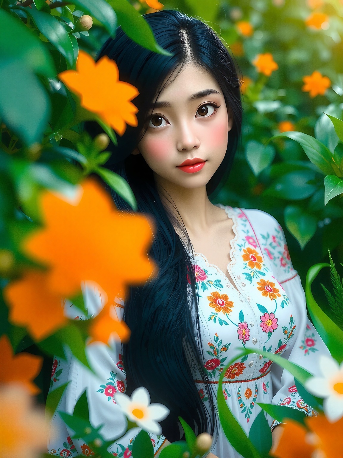 A woman stands amidst lush,  green foliage,  framed by vibrant orange and white flowers. Her dark hair contrasts with her...